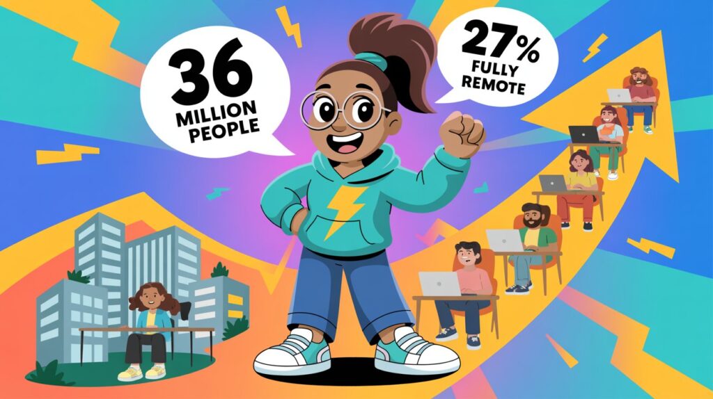Guide Alex showing remote work growth statistics 2026 with 36 million people switching to home offices cartoon illustration