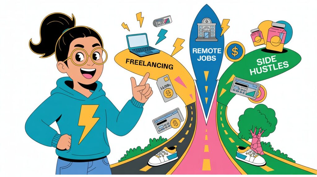 Guide Alex split-screen cartoon of work from home mistakes vs success: distractions vs focused money-making 2026