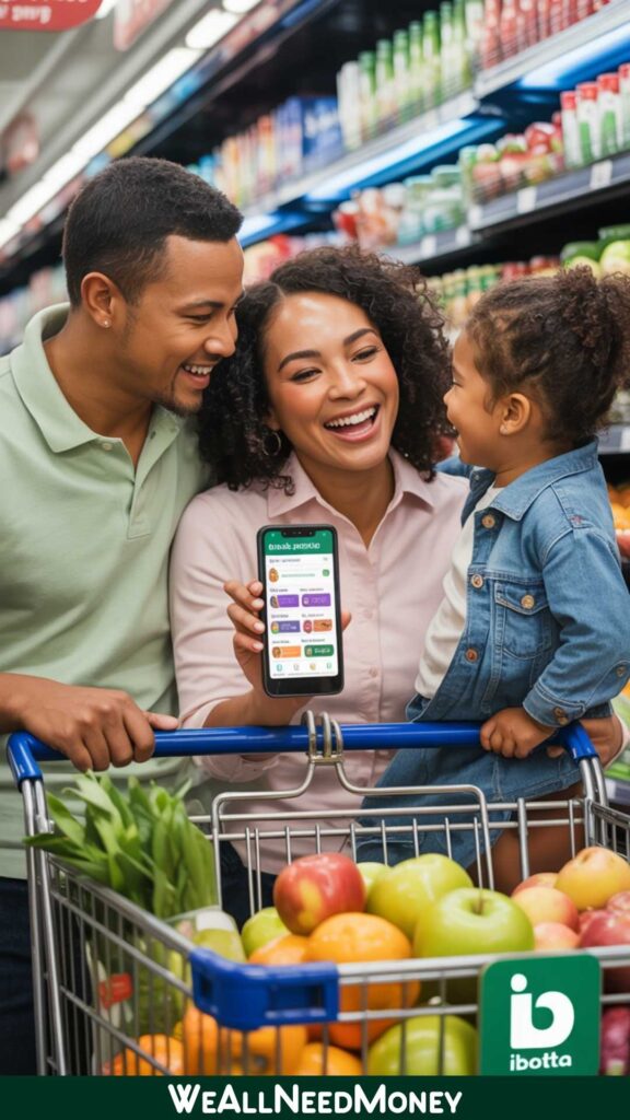 Family shopping at Kroger with the Ibotta app open, showcasing grocery cashback offers for savings.
