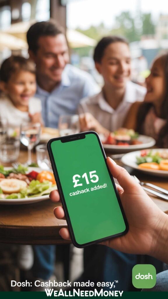 Dosh app notification for automatic cashback at a family restaurant.