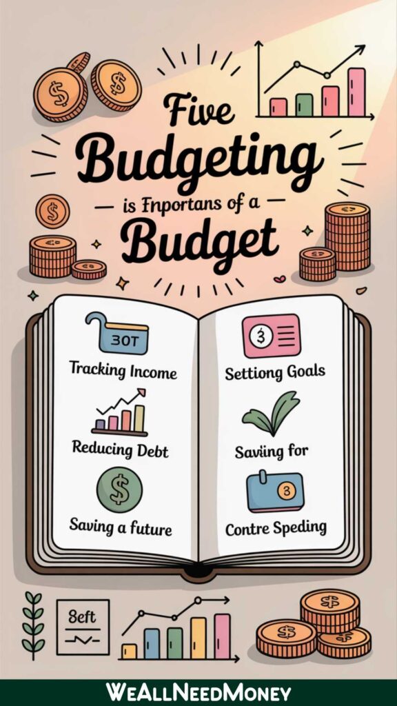 Infographic on five functions of a budget explaining why budgeting is important.