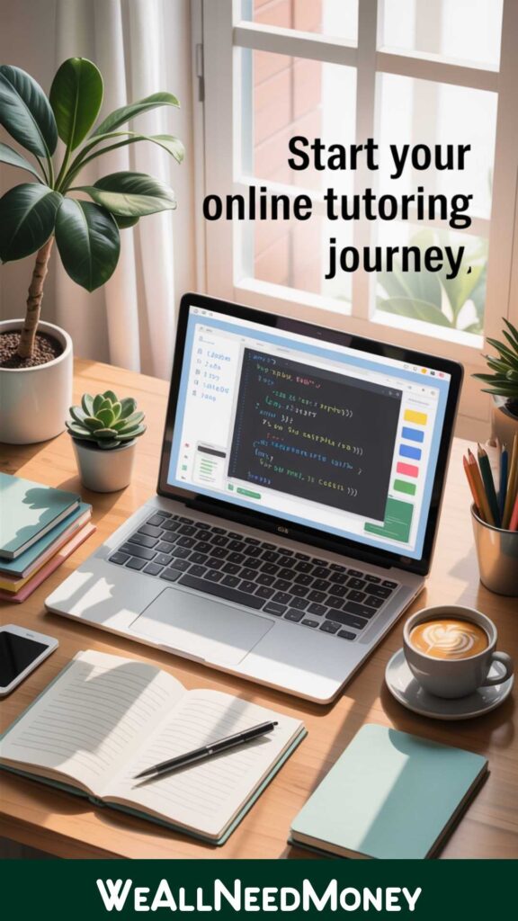 Home office with laptop showing coding tutorial for online tutoring side hustle.