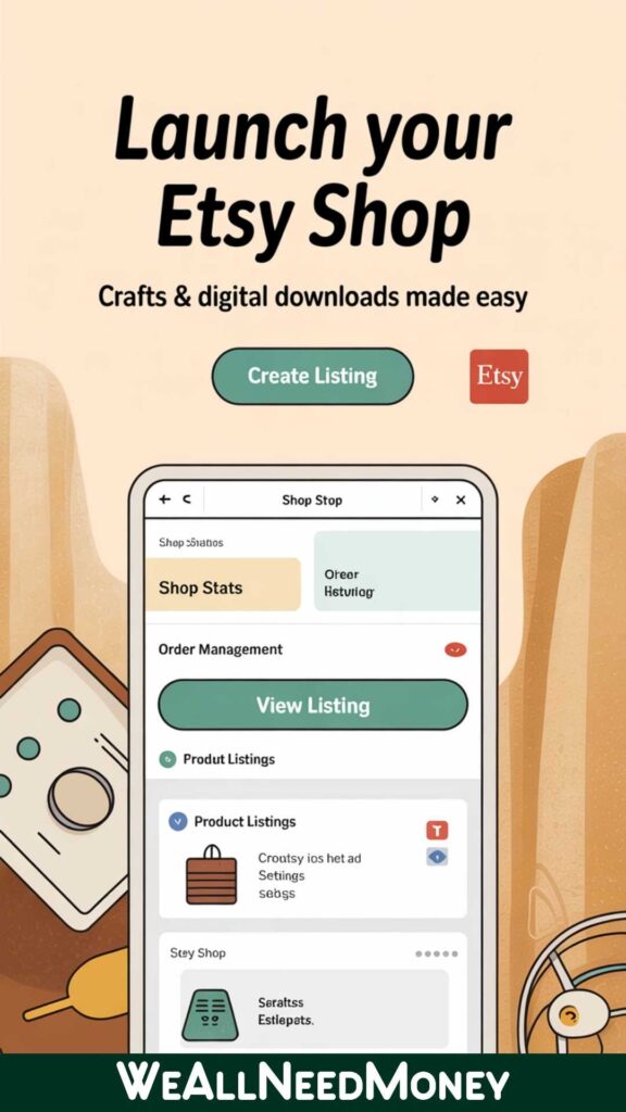Etsy shop dashboard for how to start an Etsy shop with crafts and digital products.